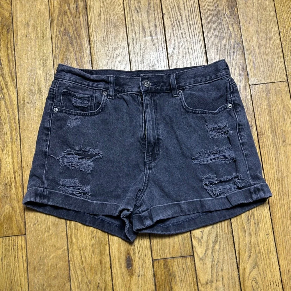 American‎ Eagle Distressed Black Denim Shorts High Waisted Rolled Cuff Size 6